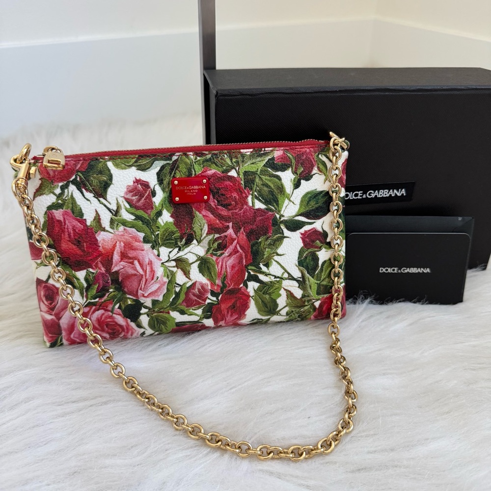 Dolce & Gabbana Red and Pink Rose Print Chain Crossbody